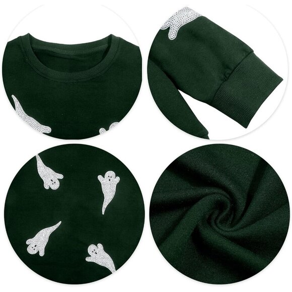 Women Ghost Sequin Halloween Sweatshirt Long Sleeve Casual Top - Picture 5 of 5